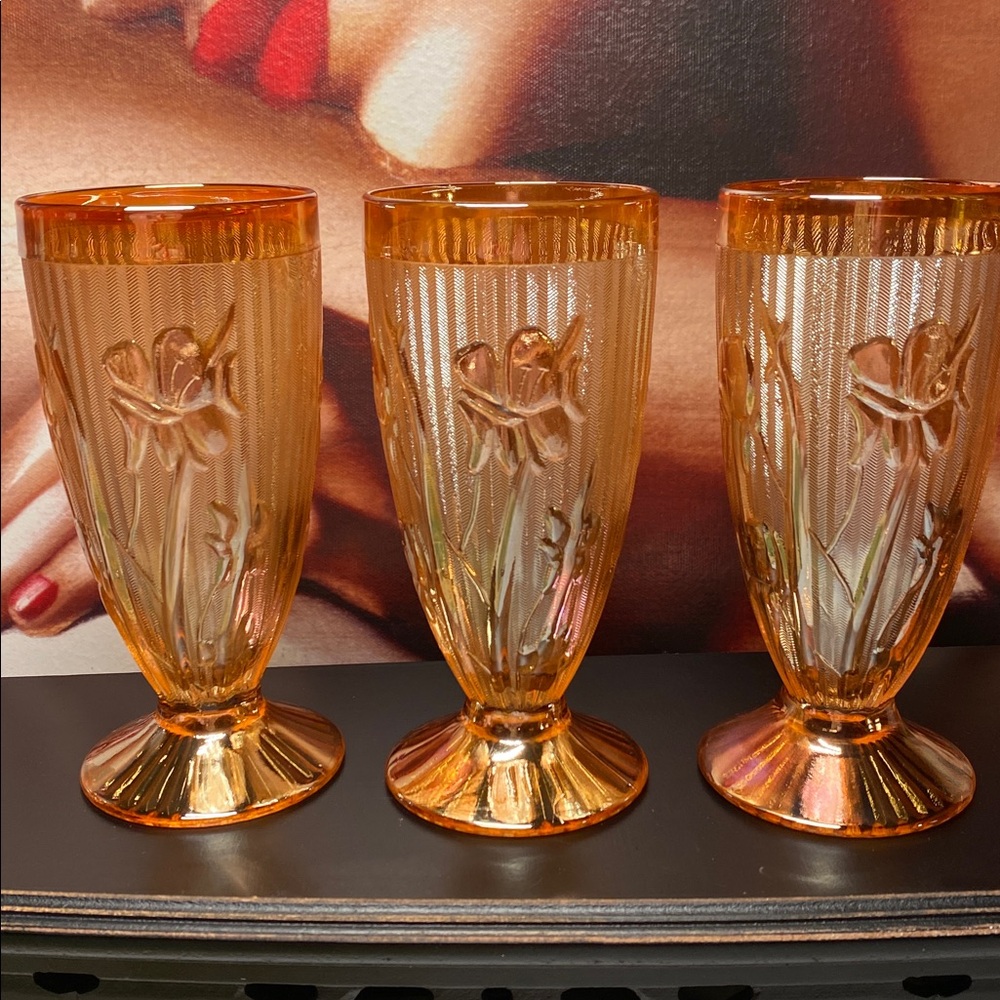 Iris& Herringbone Iridescent Marigold Carnival Glass Footed Tumblers Set of 3
